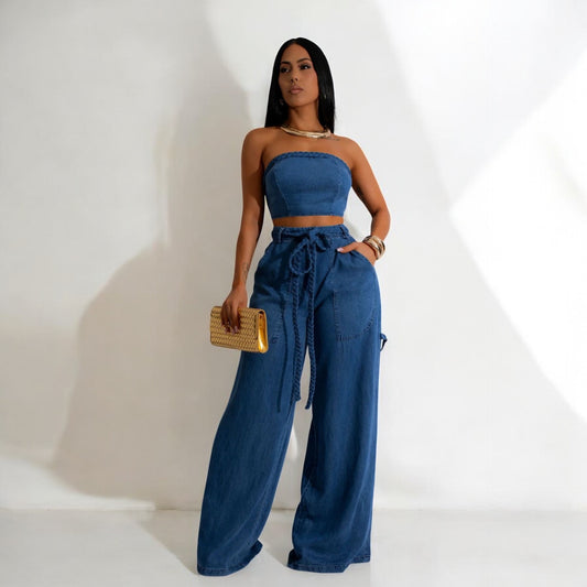 ✨Tubo De Mezclilla Con Cuerda Ancha Pantalones✨